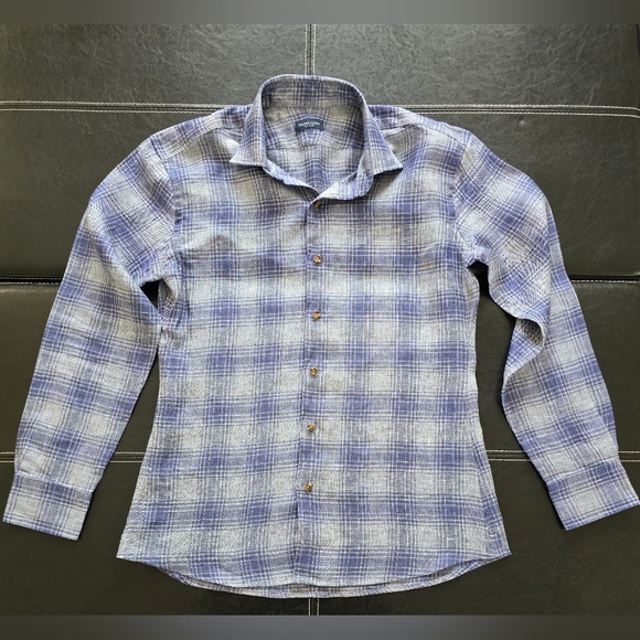Proper Cloth Positano Faded Blue Ombre Plaid Linen Shirt - Picture 6 of 11